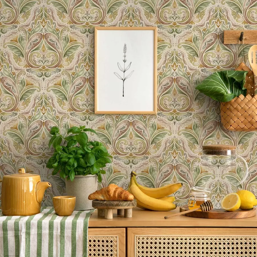 Fototapeta Akwarelowe liściaste zawirowania w odcieniach zieleni i ciepłej ochry a00927