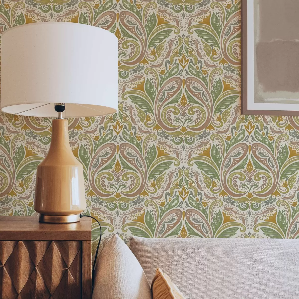 Tapeta Ozdobne liściaste zawijasy w odcieniach zieleni i terakoty a00927v1