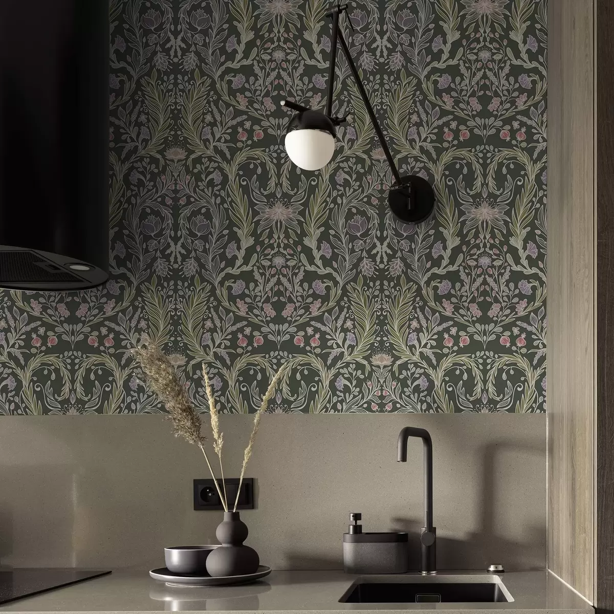 Tapeta Symetryczny ornament kwiatowy na ciemnozielonym tle a00928