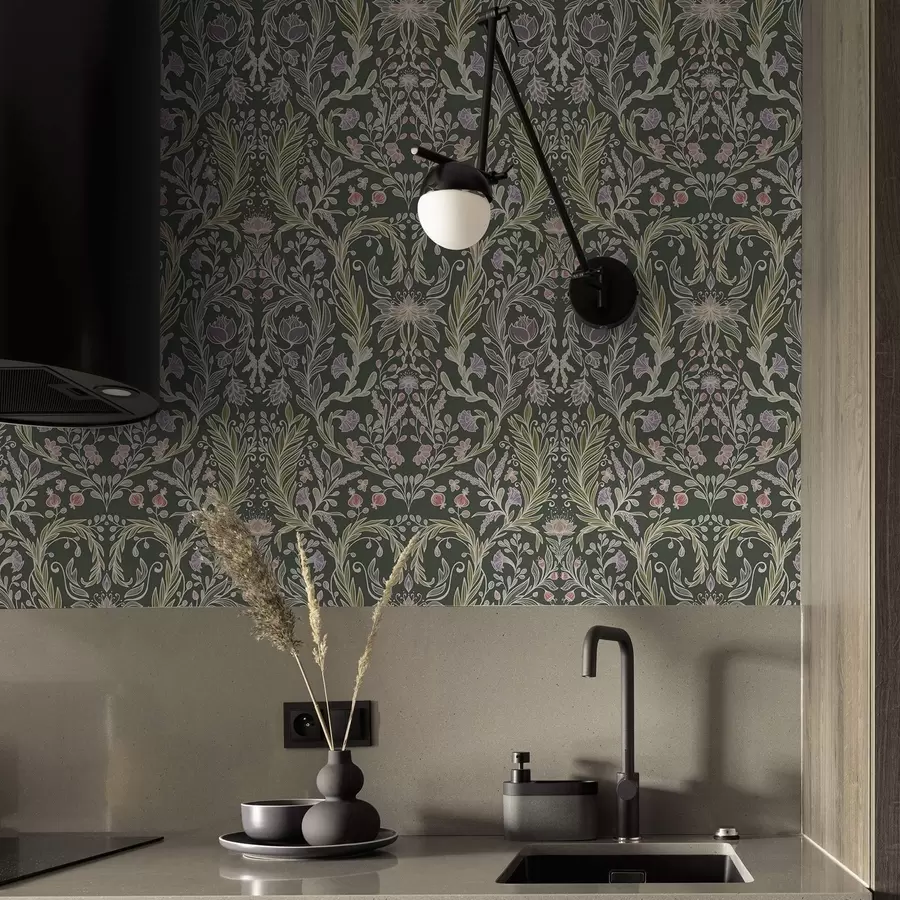 Fototapeta Symetryczny ornament kwiatowy na ciemnozielonym tle a00928