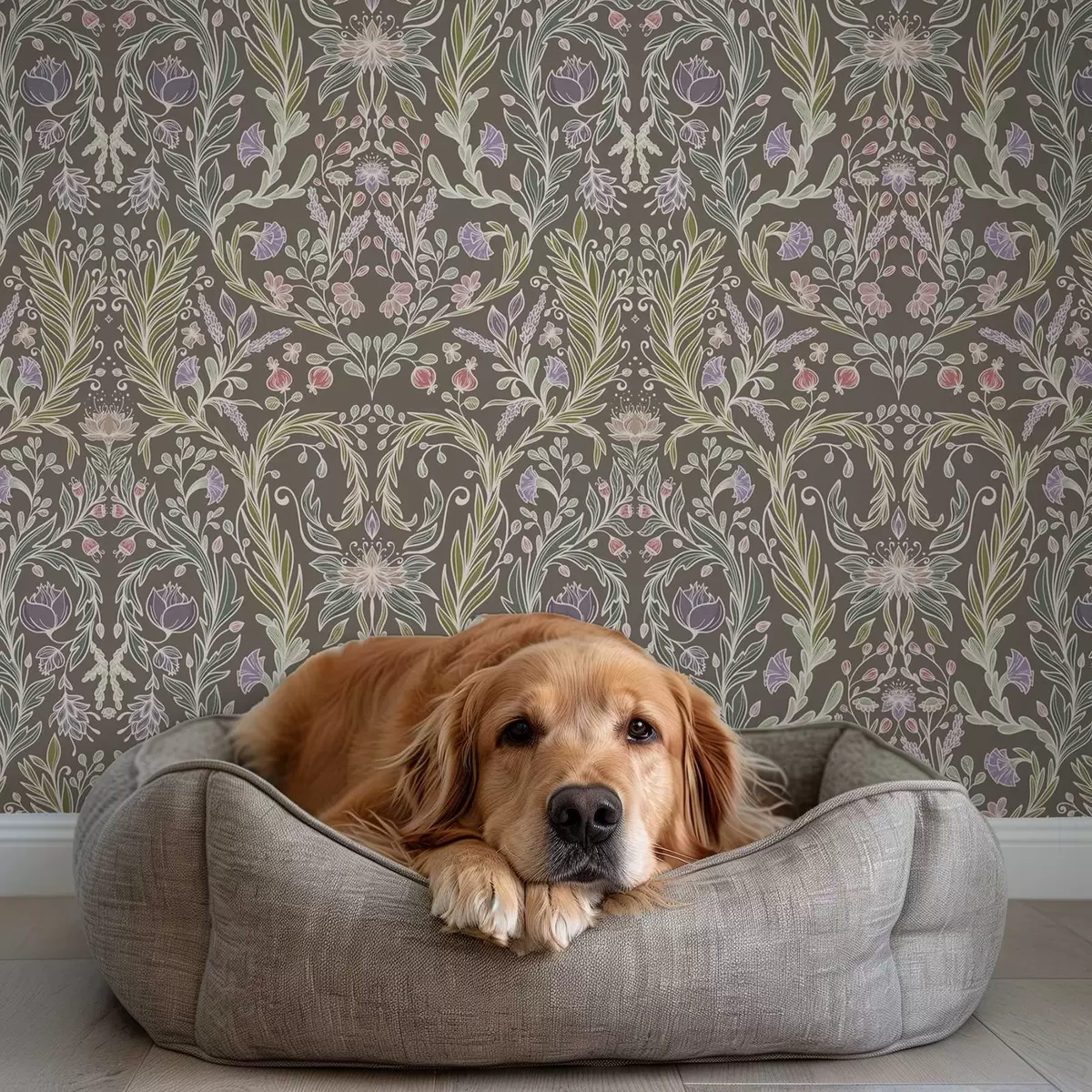 Tapeta Symetryczne kwiaty i liście na brązowo-szarym tle a00928v2