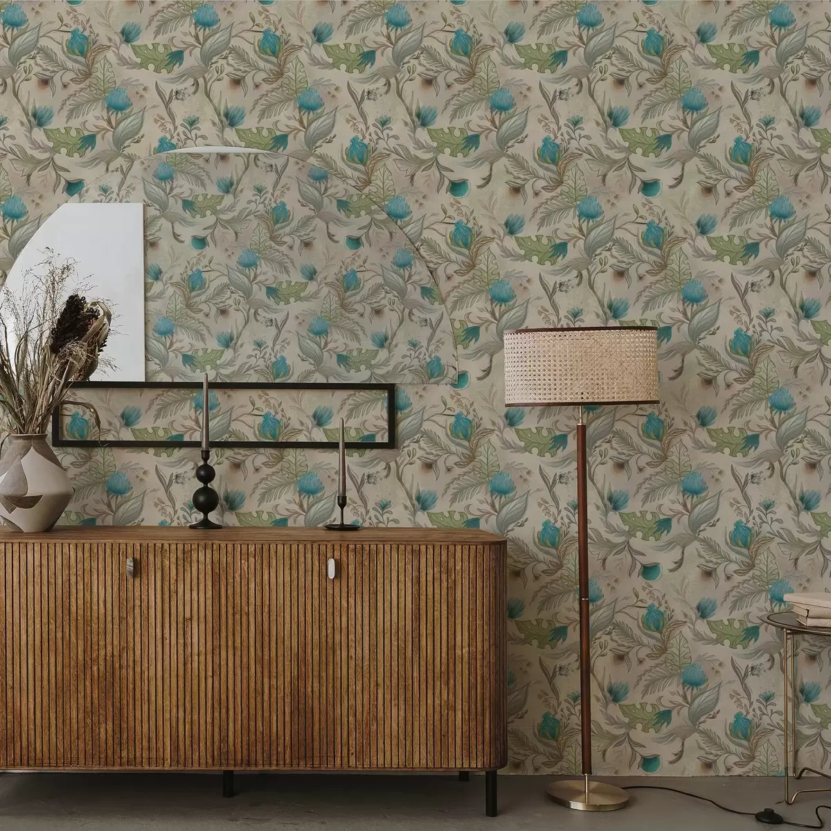 Tapeta Niebieskie pąki i liście na jasnobeżowym tle a00930