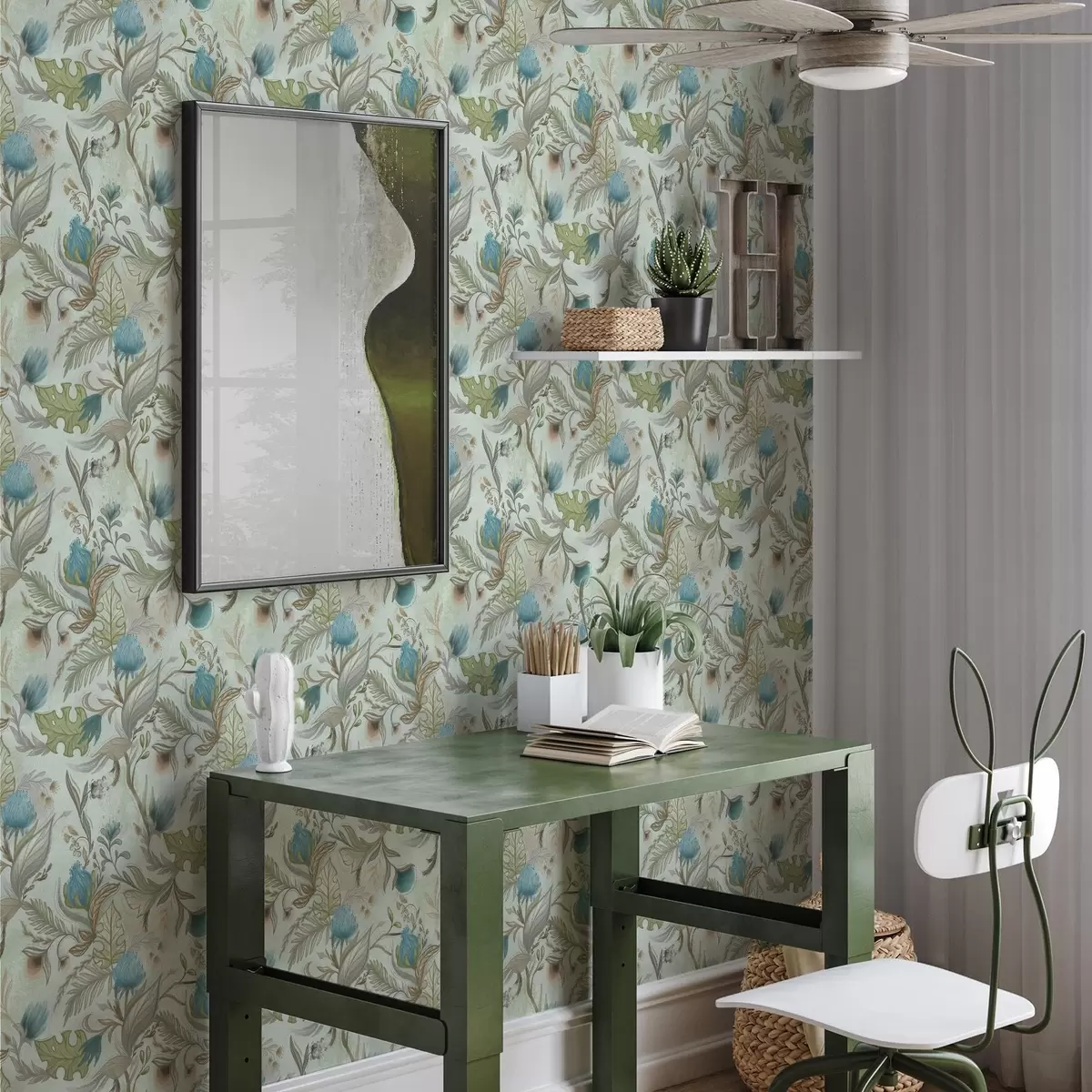 Tapeta Niebieskie kwiaty i zieleń na delikatnym miętowym tle a00930v1