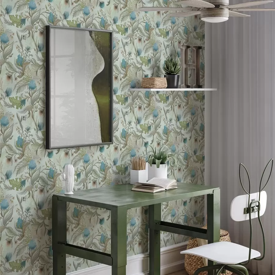 Fototapeta Niebieskie kwiaty i zieleń na delikatnym miętowym tle a00930v1