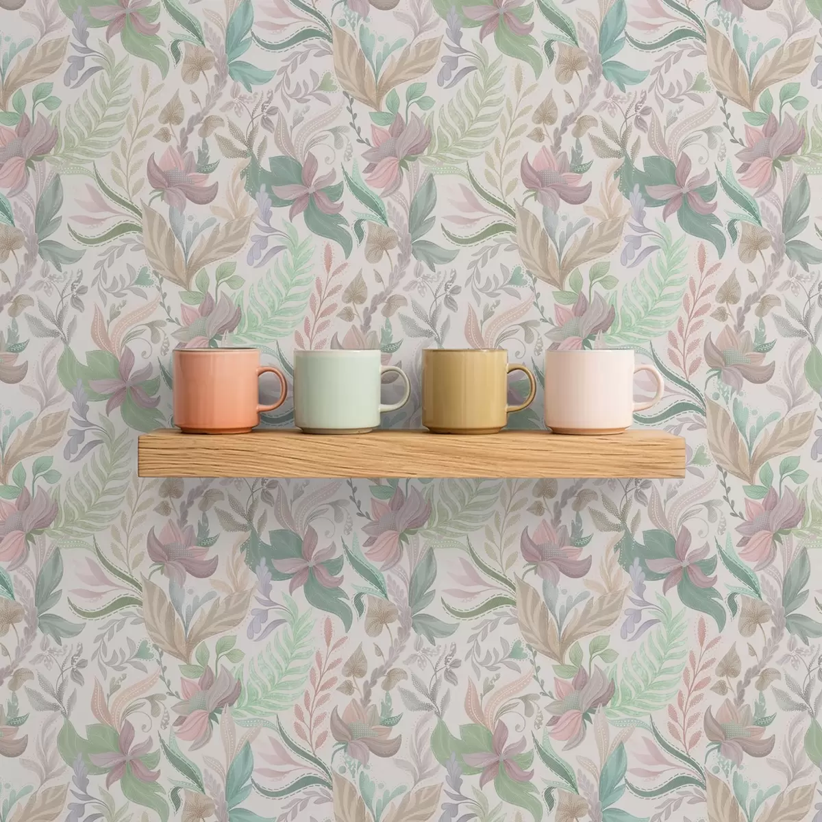 Tapeta Delikatne pastelowe kwiaty i liście na jasnym tle a00931