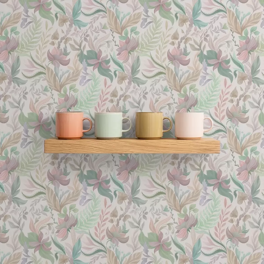 Fototapeta Delikatne pastelowe kwiaty i liście na jasnym tle a00931