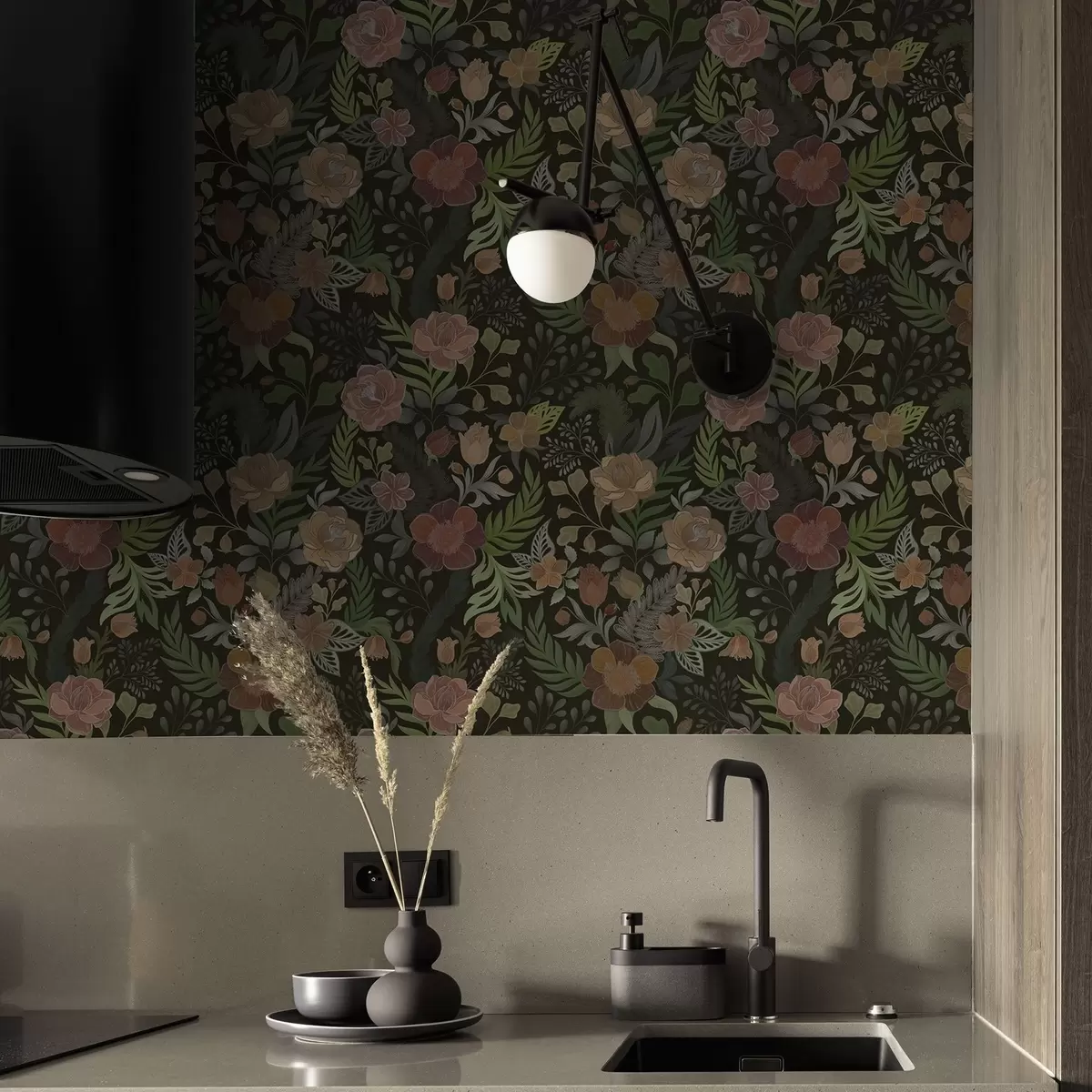 Tapeta Bogate kwiaty i zieleń na głębokim, ciemnym tle a00932