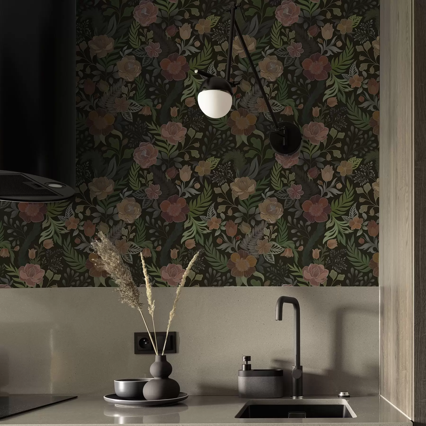 Fototapeta Bogate kwiaty i zieleń na głębokim, ciemnym tle a00932