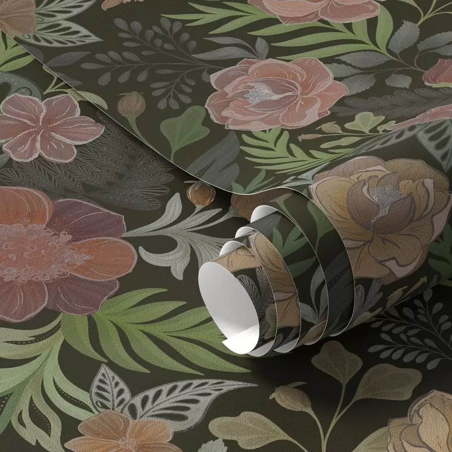 Fototapeta Bogate kwiaty i zieleń na głębokim, ciemnym tle a00932