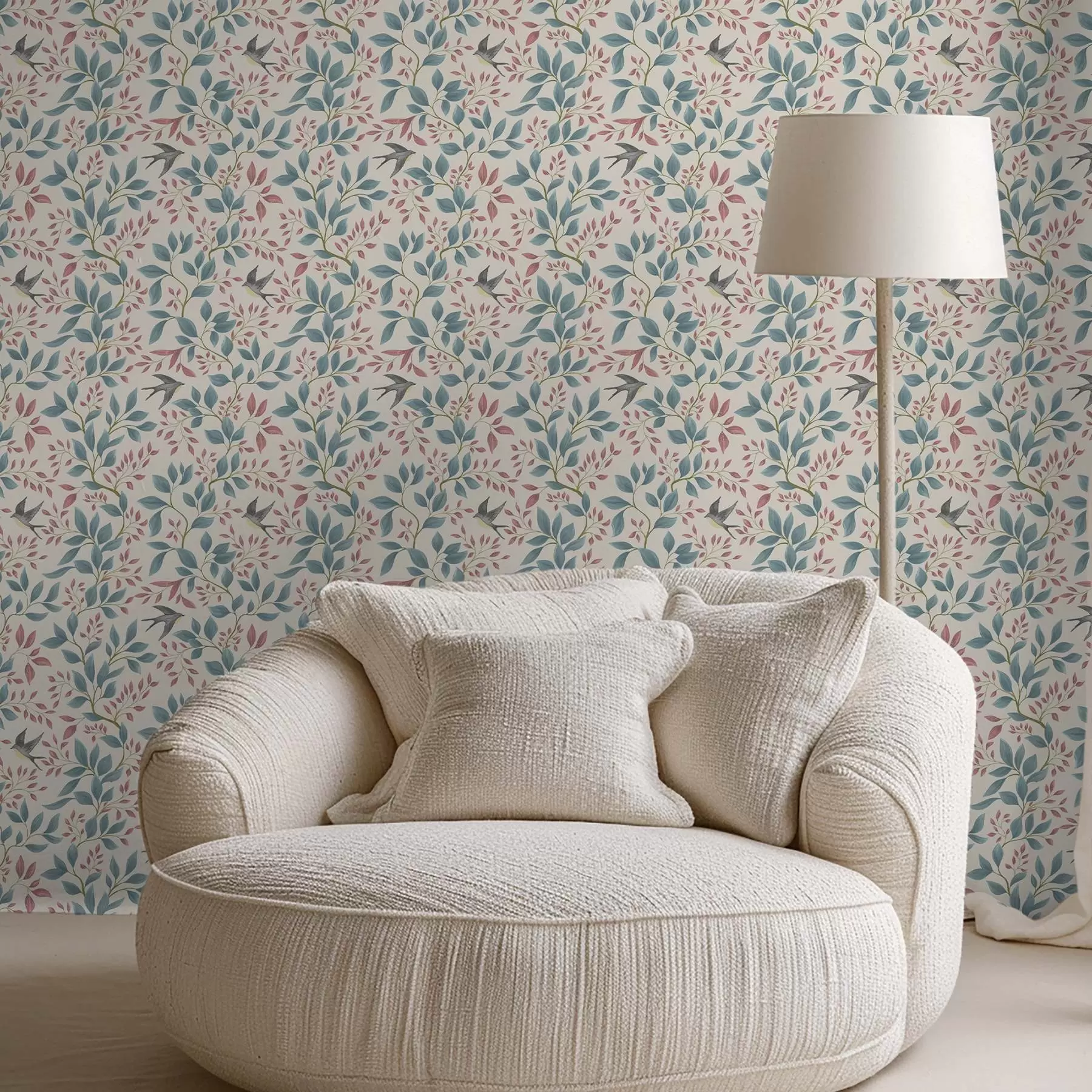 Fototapeta Niebieskie i różowe gałęzie z ptakami na kremowym tle a00933