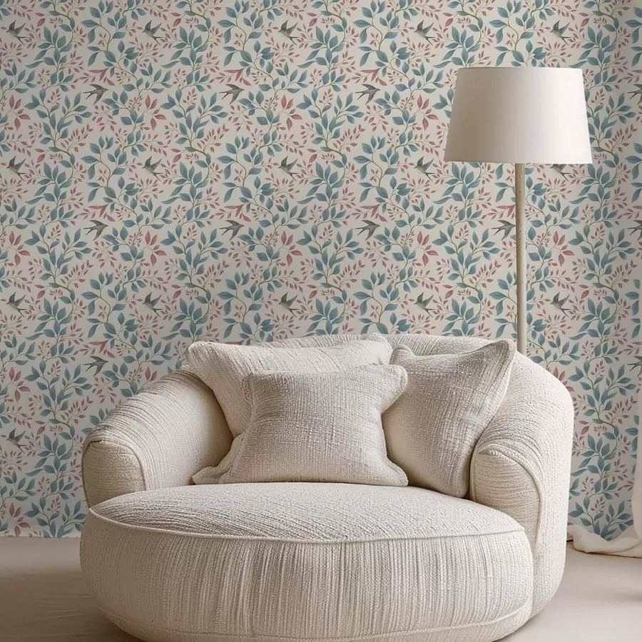 Fototapeta Niebieskie i różowe gałęzie z ptakami na kremowym tle a00933