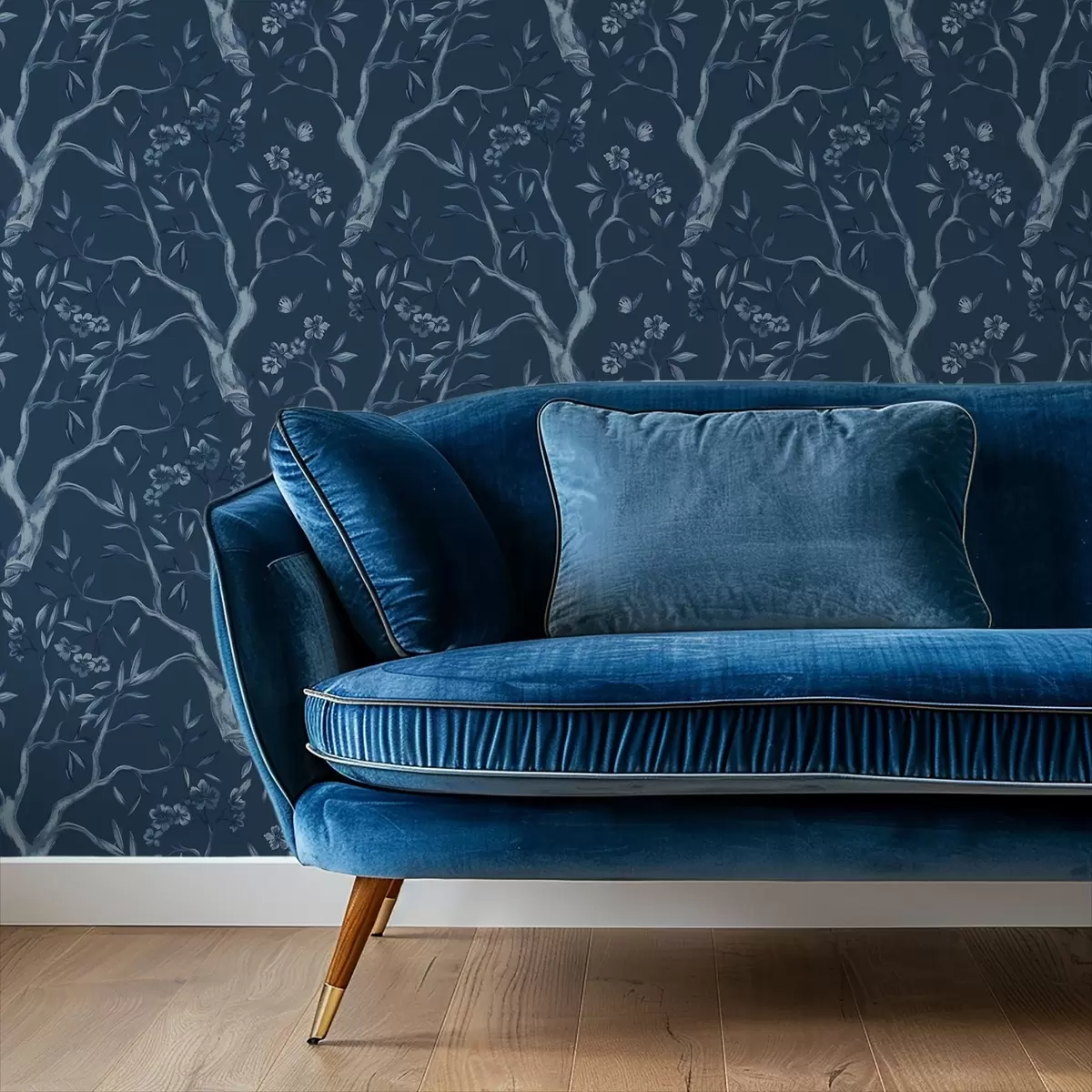 Tapeta Niebieskie kwitnące gałęzie z motylami na ciemnym tle a00951v1