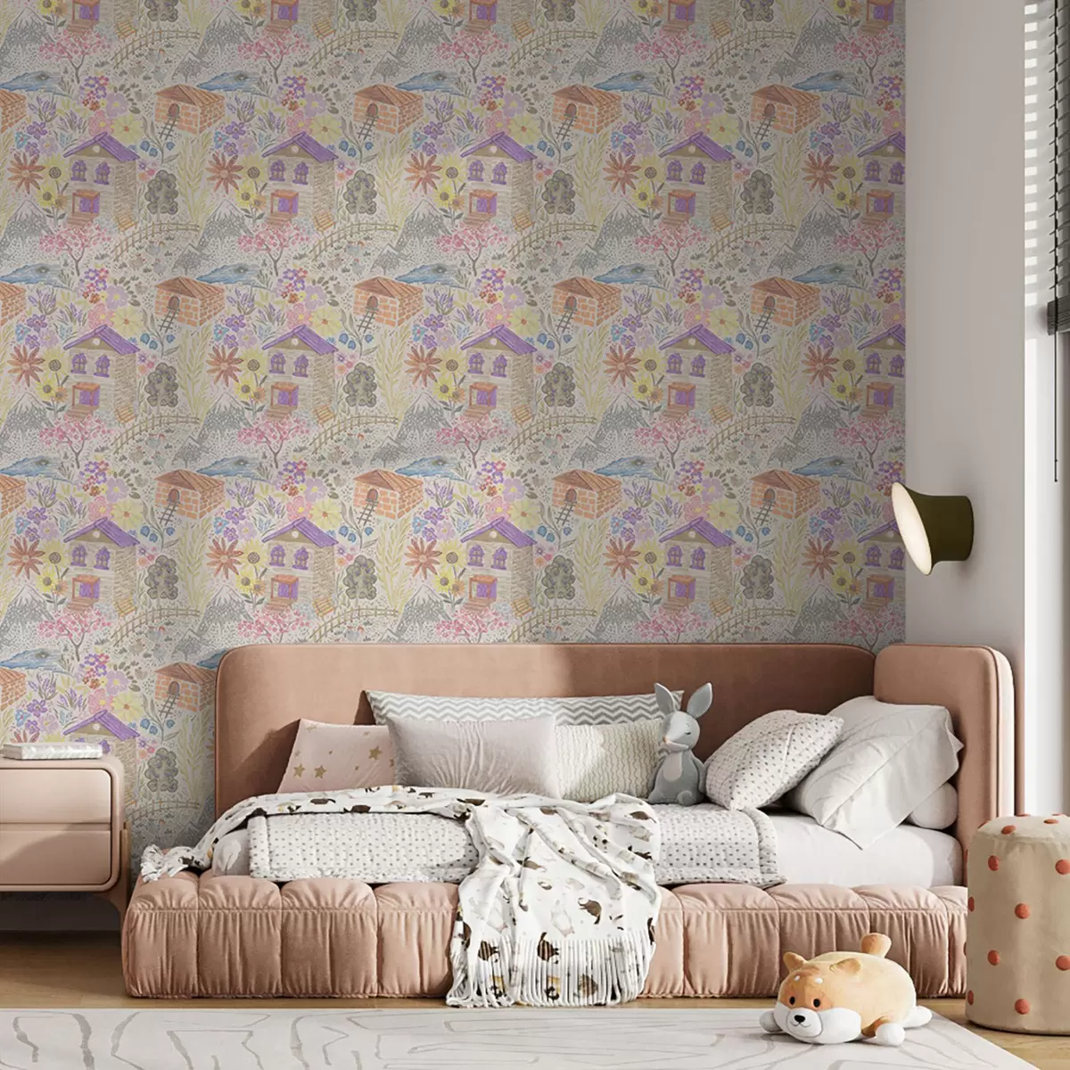 Tapeta Dziecinny rysunek wsi z domem, górami i kwiatami a00952