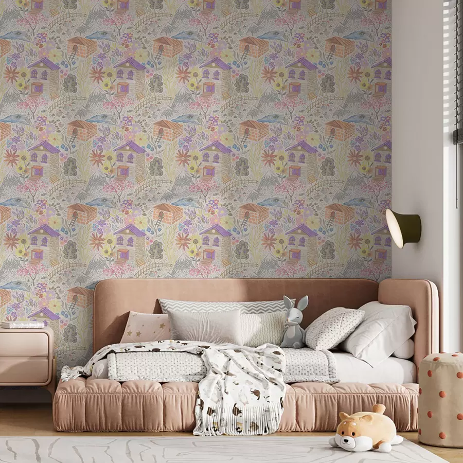 Fototapeta Dziecinny rysunek wsi z domem, górami i kwiatami a00952