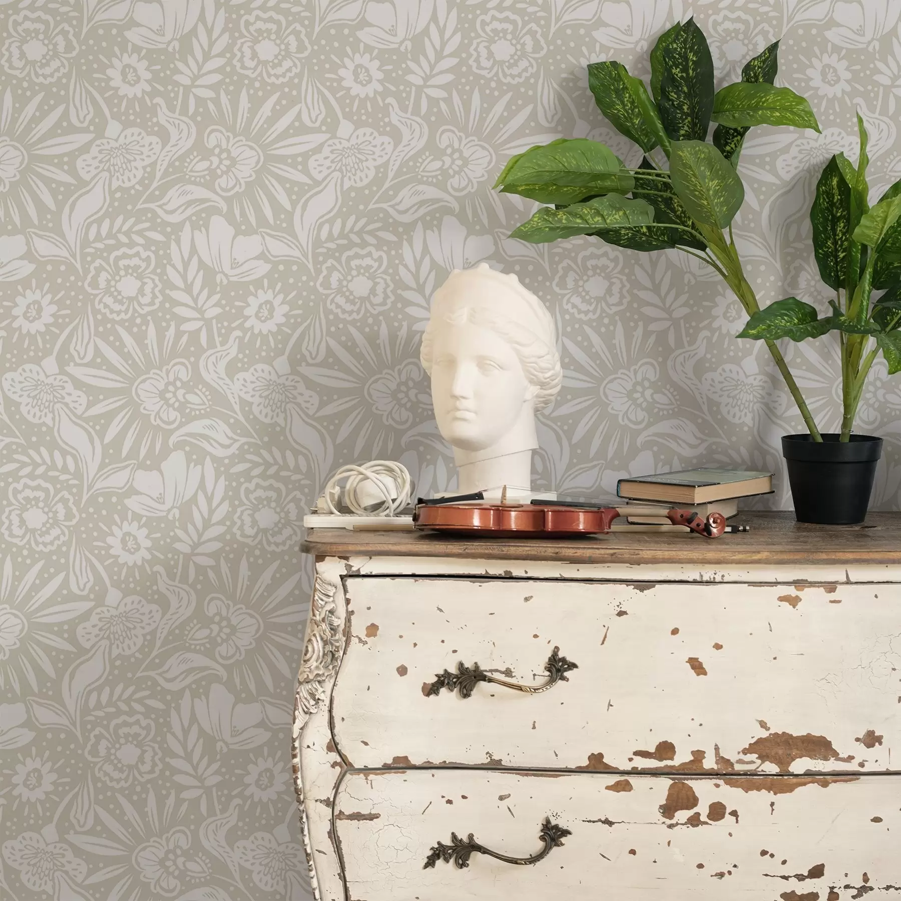 Fototapeta Biały liniowy ornament kwiatowy na beżowym tle a00956