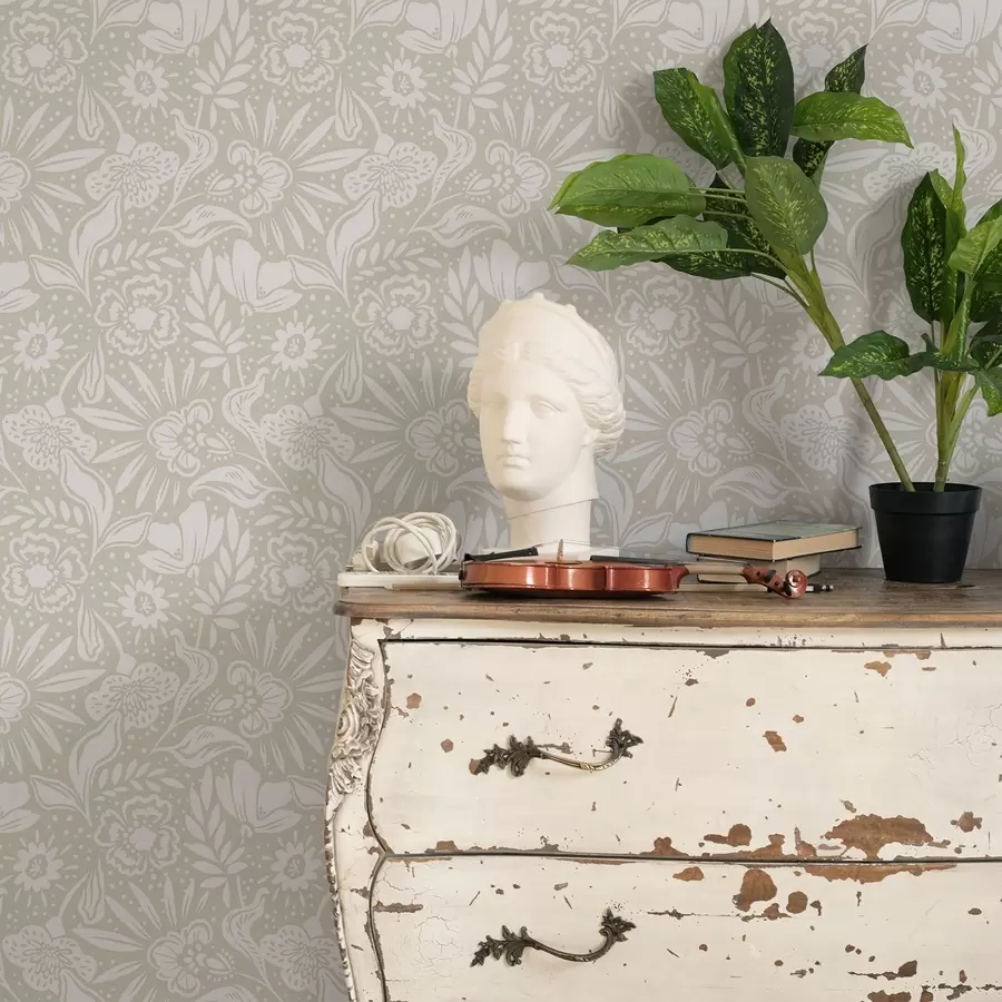 Fototapeta Biały liniowy ornament kwiatowy na beżowym tle a00956