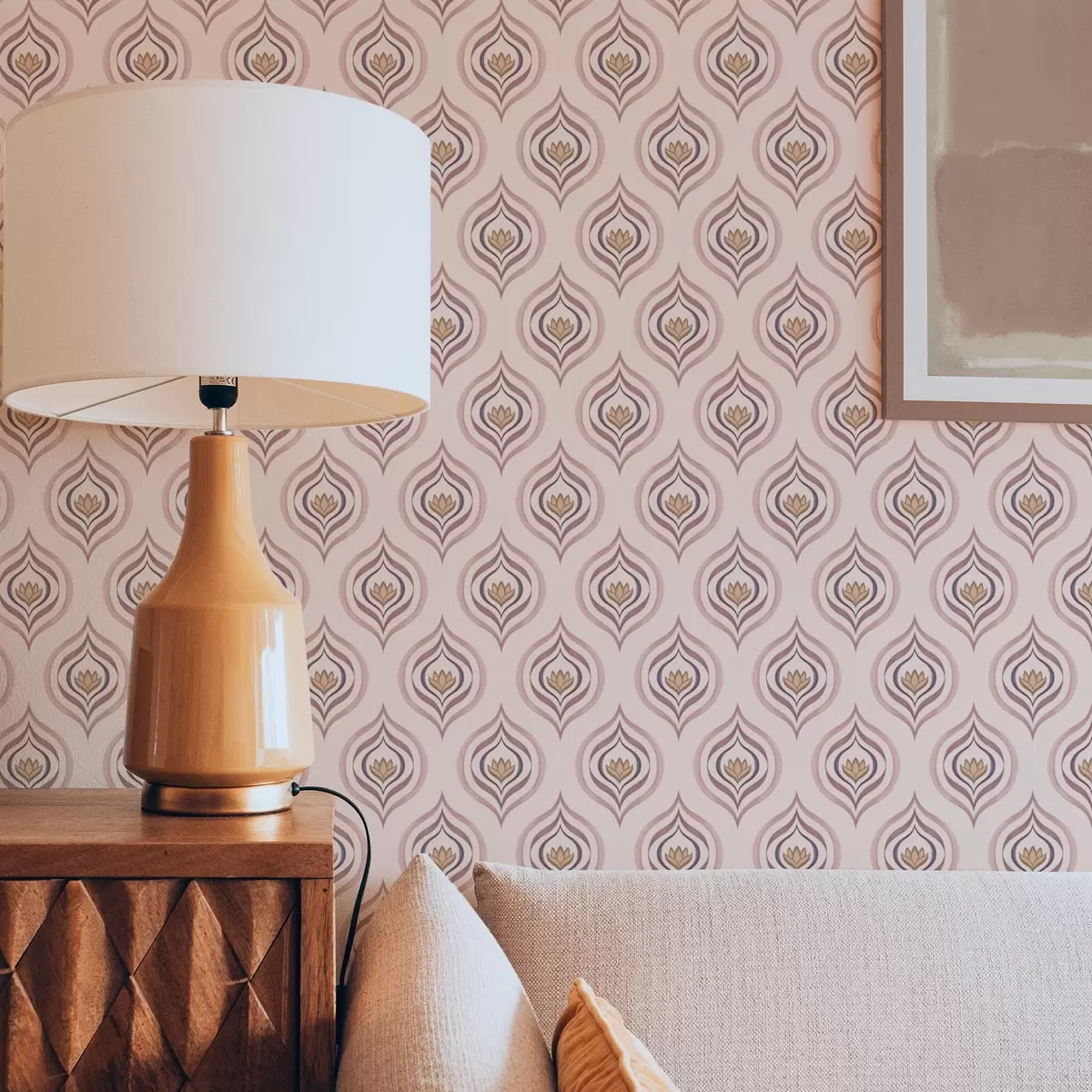 Tapeta Rytmiczny motyw kropli z kwiatem na pudrowym tle a00977