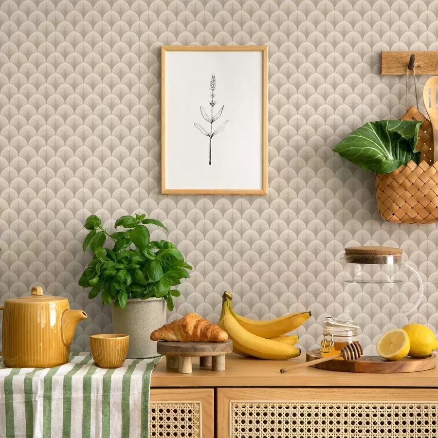 Fototapeta Beżowe łuki wentylatora z delikatnymi promieniami na jasnym tle a00978