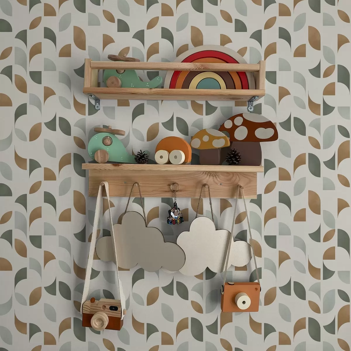 Tapeta Abstrakcyjne półkola i liście w kolorze zielonym i terakotowym a00985