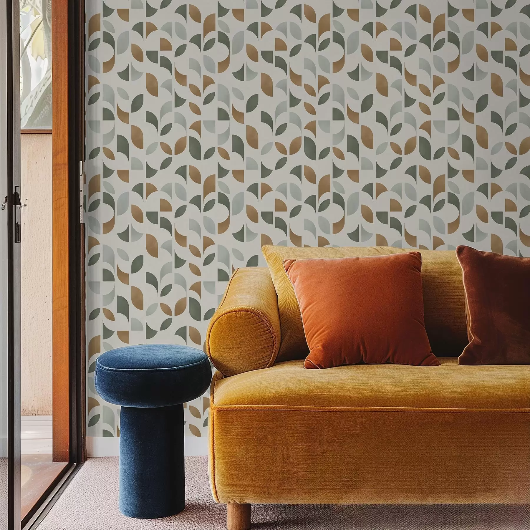 Fototapeta Pionowe kolumny z półokręgami i liśćmi, zielono-terakotowe a00986