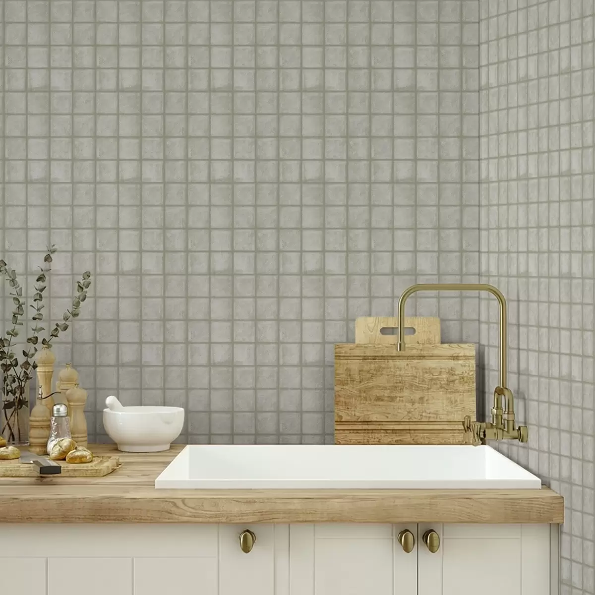 Tapeta Imitacja kwadratowych płytek w delikatnej szaro-zielonej palecie kolorów a00988