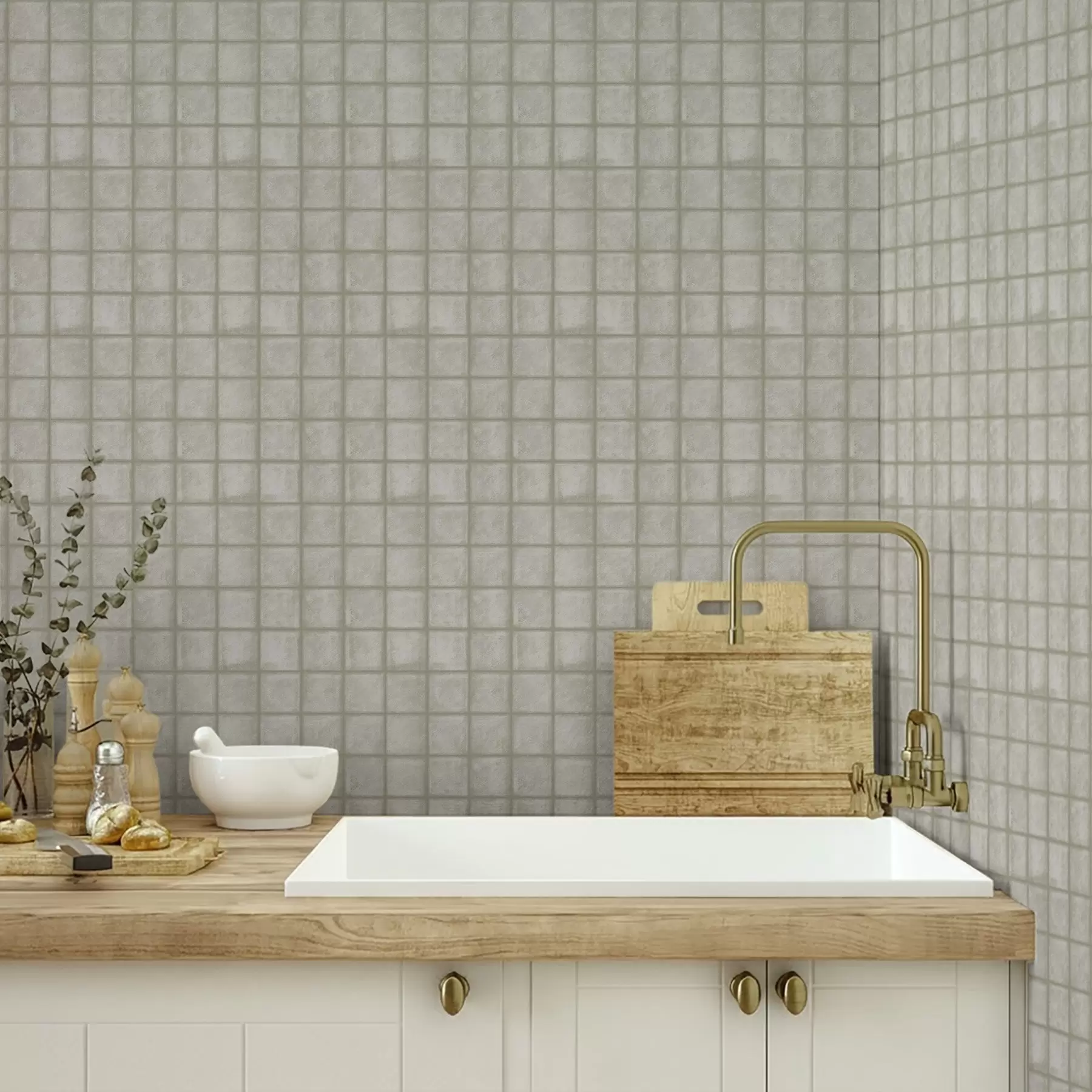 Fototapeta Imitacja kwadratowych płytek w delikatnej szaro-zielonej palecie kolorów a00988