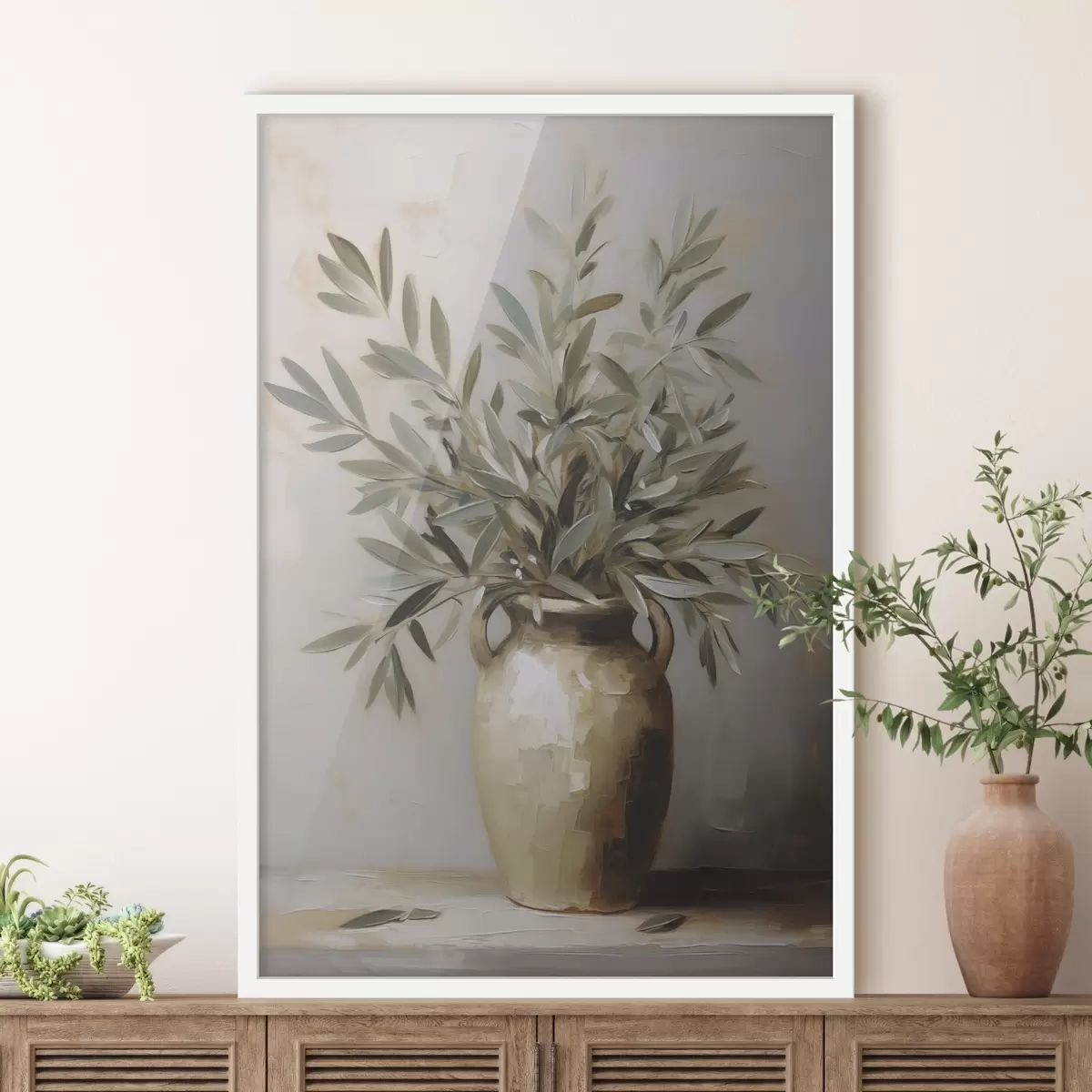 Plakat Oliwkowe gałązki w wazonie – imitacja obrazu f46758