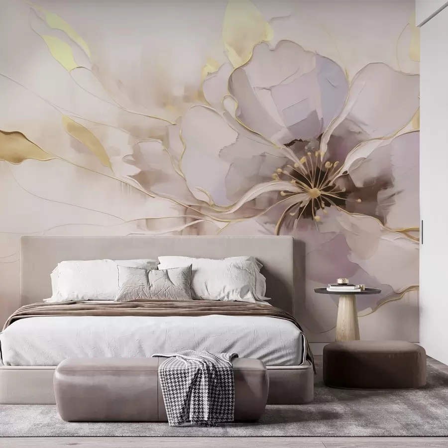 Fototapeta Niebieski kwiat z żółtymi akcentami w abstrakcyjnym stylu pociągnięć pędzlem w09505