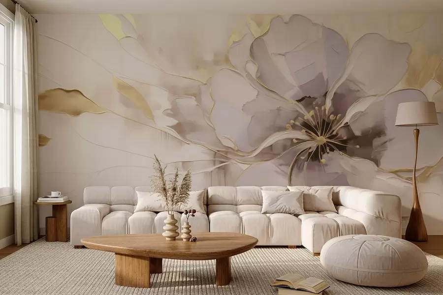 Fototapeta Niebieski kwiat z żółtymi akcentami w abstrakcyjnym stylu pociągnięć pędzlem w09505