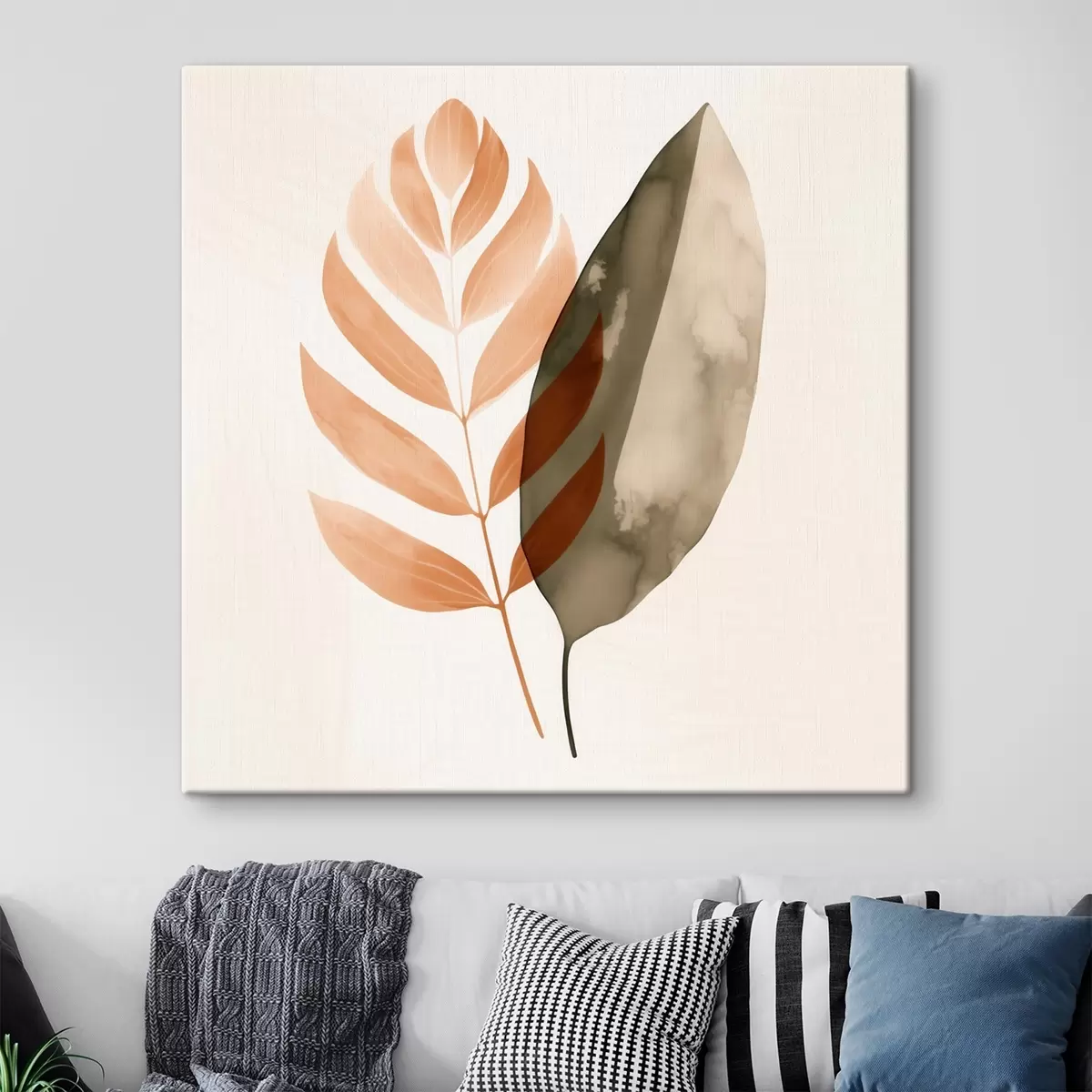 Obraz Duet sylwetek liści w abstrakcyjnym stylu akwarelowym s46645