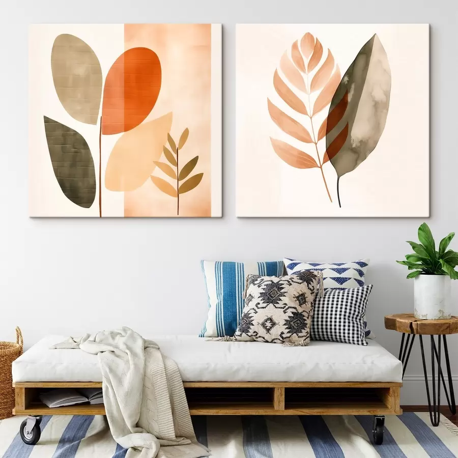 Obraz Dwuczęściowy obraz z motywami roślinnymi w pastelowej kolorystyce m00983