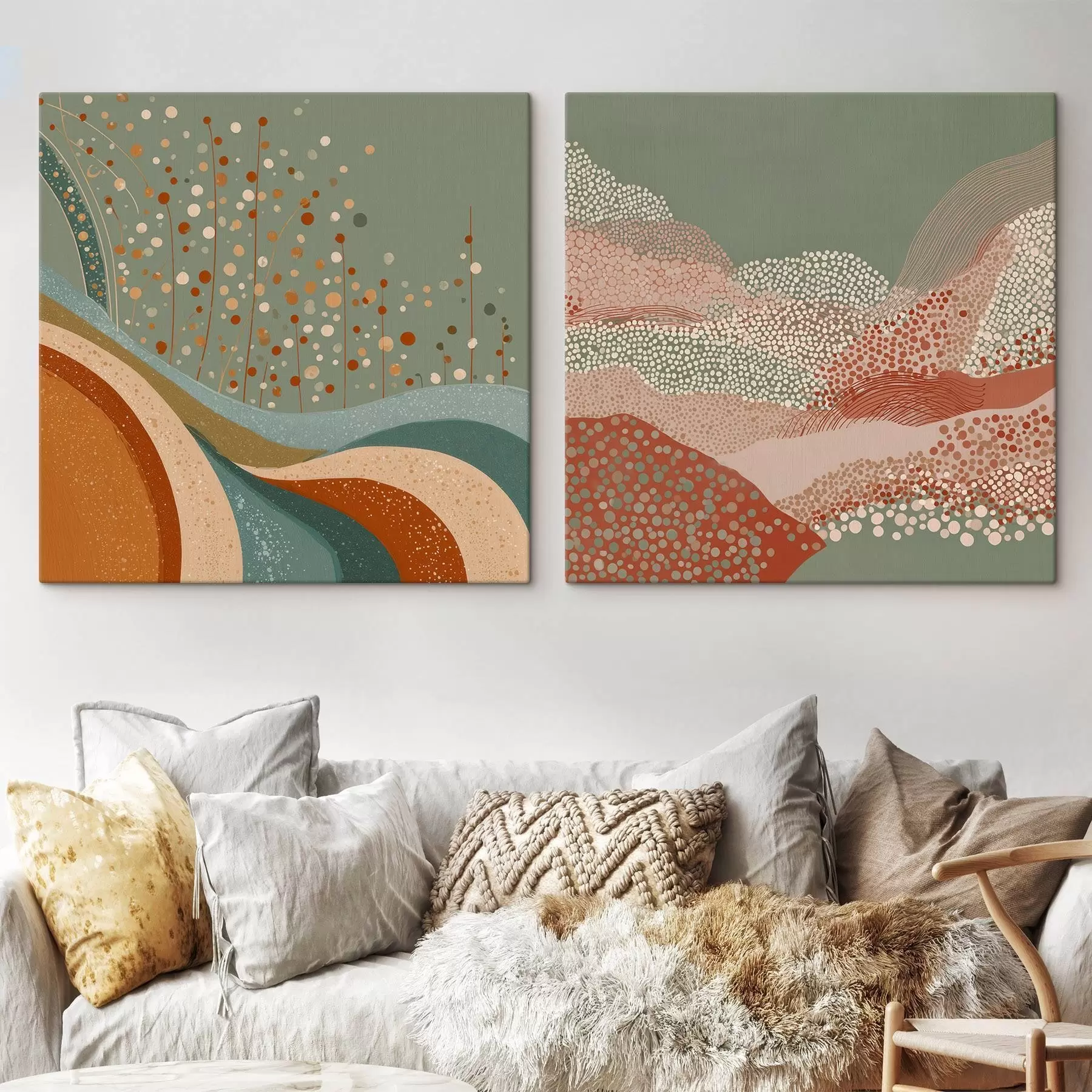Obraz Dwuczęściowy abstrakcyjny pejzaż z kropkowanymi i falistymi elementami m00987