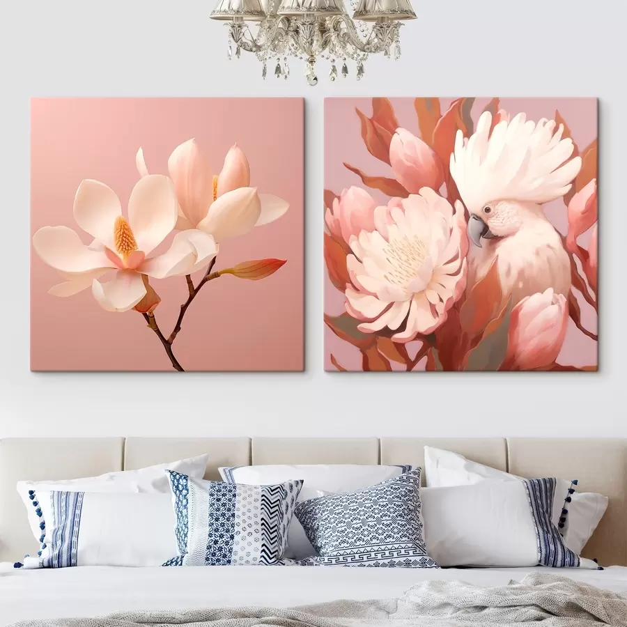 Obraz Kompozycja kwiatowa z ptakiem w artystycznym stylu ilustracji m00994