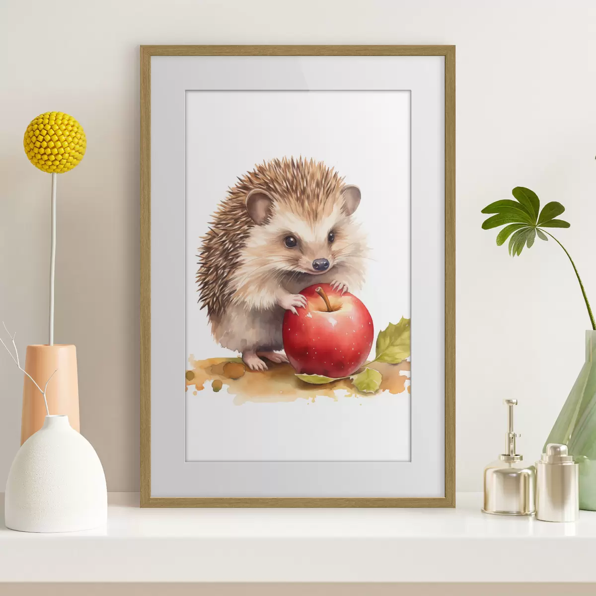 Plakat Jeż i jabłko, imitacja akwareli f46769