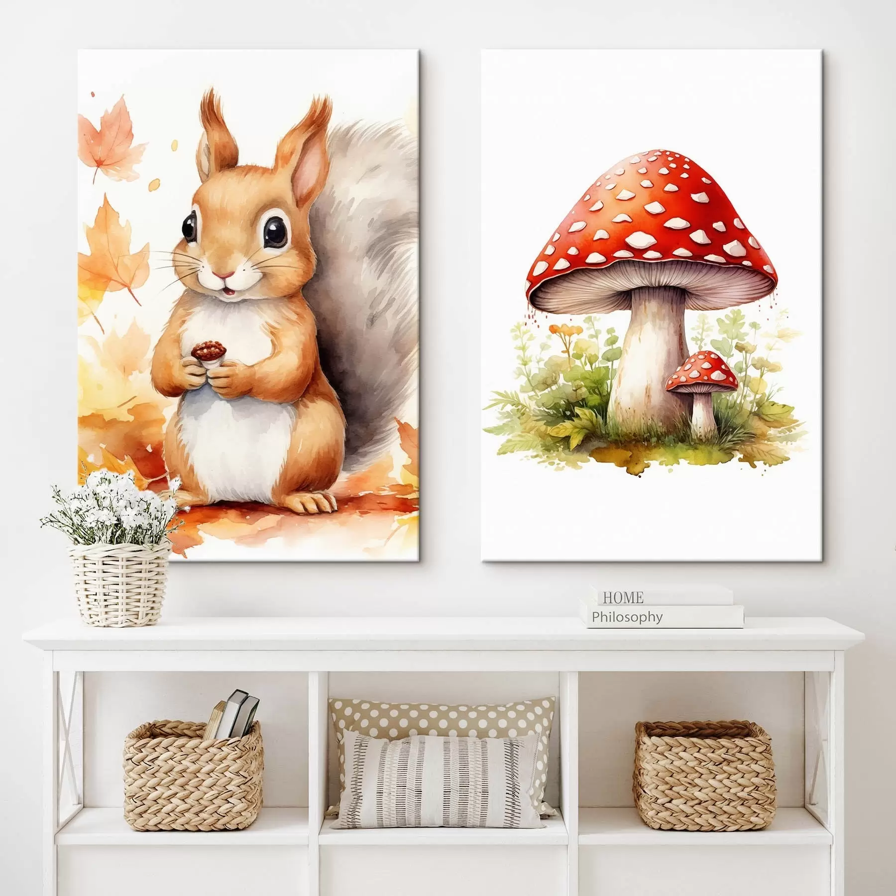 Obraz Wiewiórka i grzyb leśny, muchomor, imitacja akwareli m01049