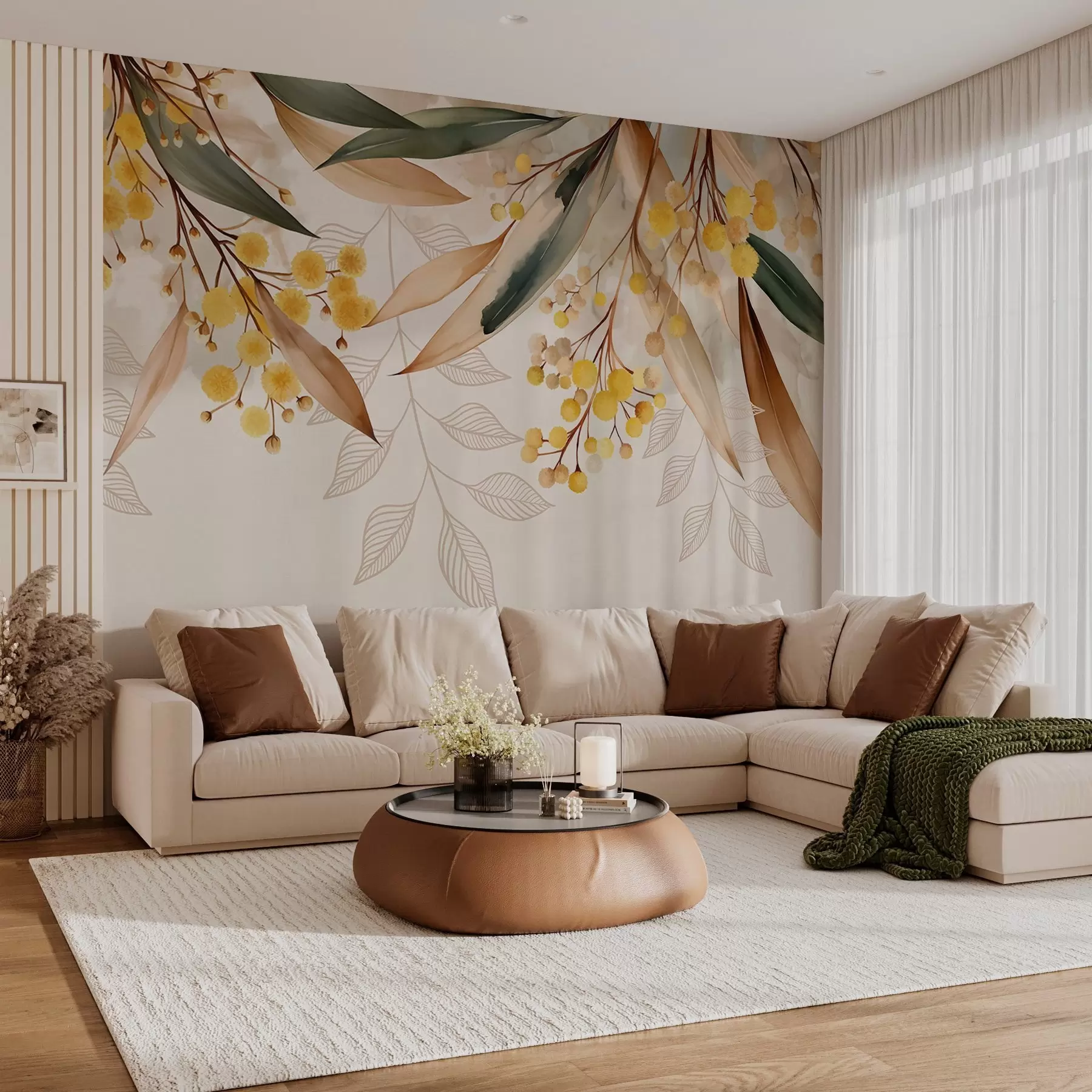 Fototapeta kwiaty i liście mimozy spadające z góry w stylu akwareli w04880