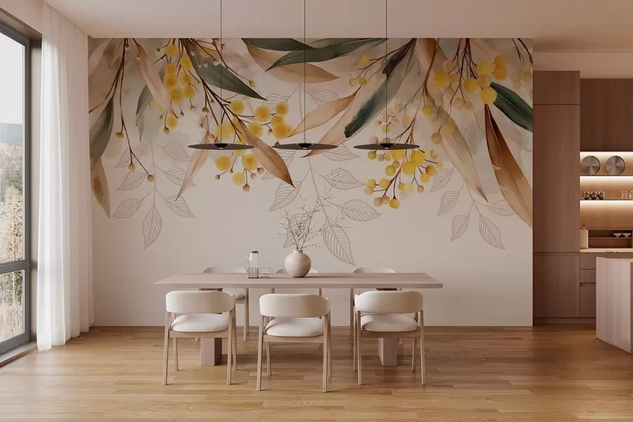 Fototapeta kwiaty i liście mimozy spadające z góry w stylu akwareli w04880