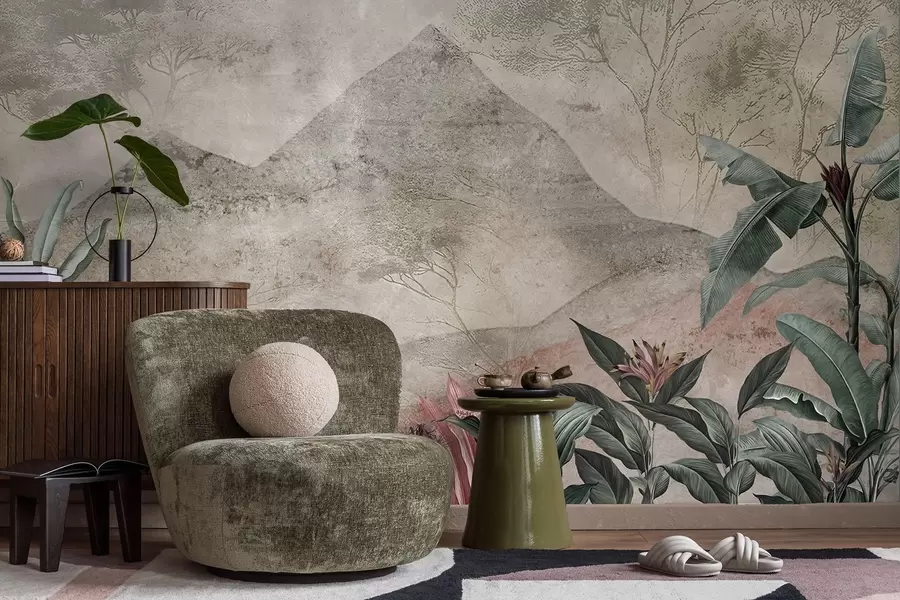 Fototapeta Pastelowe liście bananowca i tropikalne kwiaty na tle gór w04933