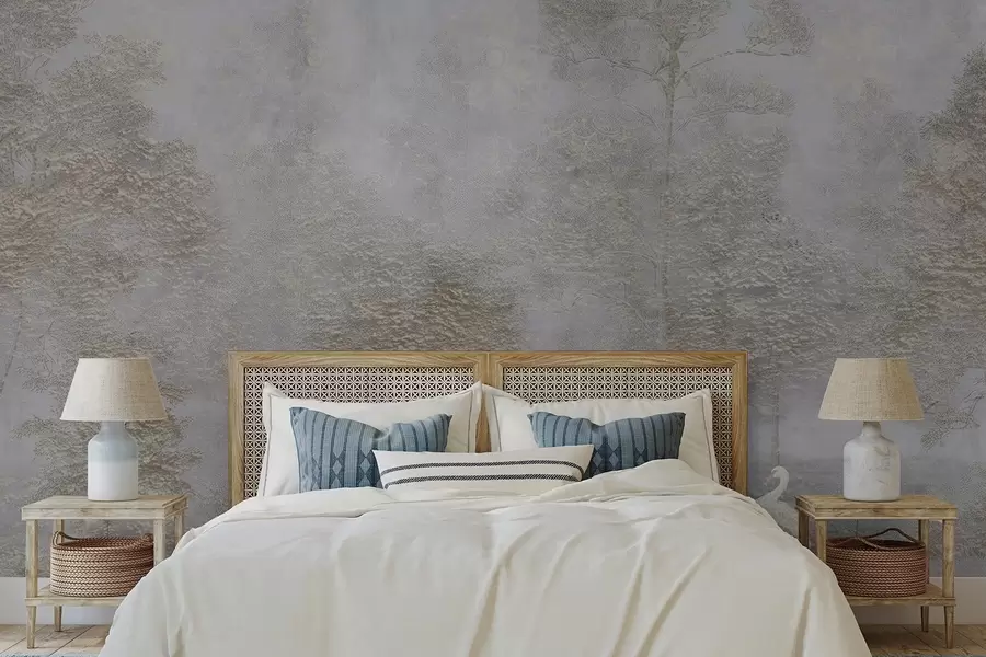 Fototapeta Mglisty las z białą czaplą i delikatną fakturą w04953