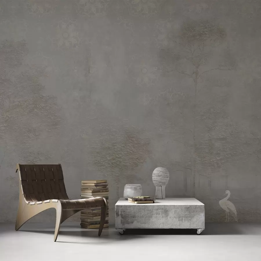 Fototapeta Mglisty las z czaplą i ornamentowym wzorem powyżej w04953v1