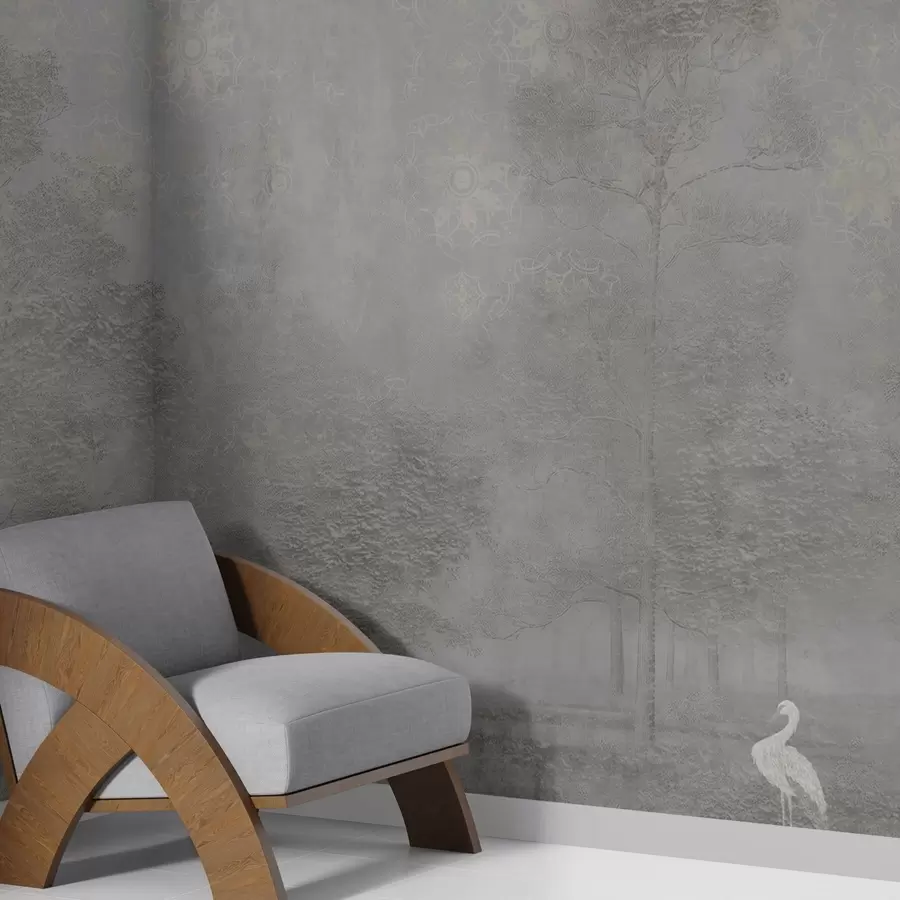 Fototapeta Jasny, zamglony las z czaplą w chłodnych odcieniach szarości w04953v2