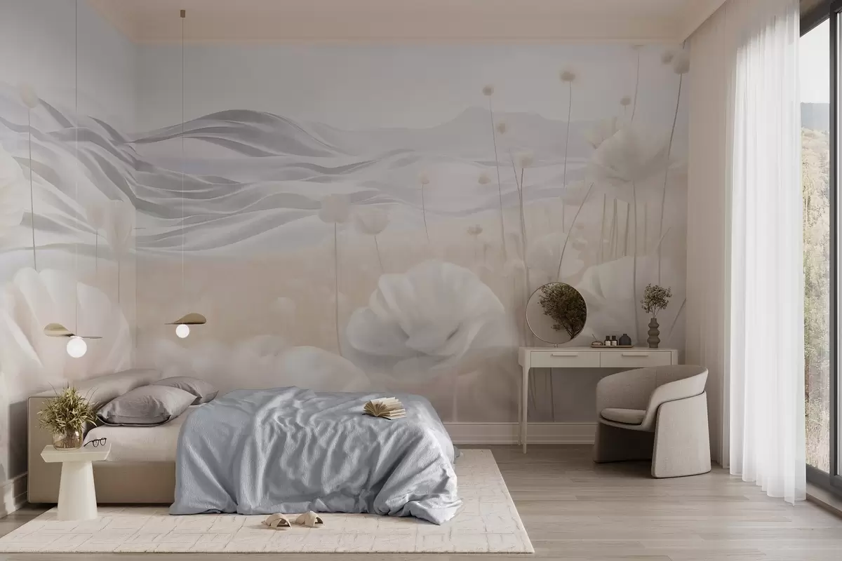 Fototapeta Teksturowane pole kremowych maków z falistymi wzgórzami pod jasnoniebieskim niebem z delikatnymi chmurami, pastelowe kolory w09553