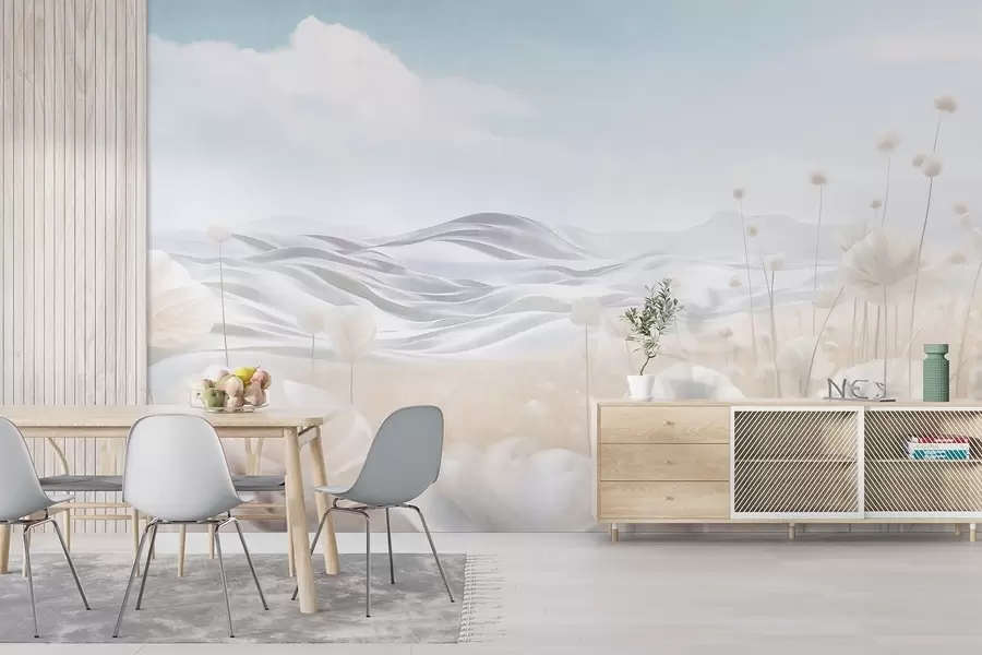 Fototapeta Teksturowane pole kremowych maków z falistymi wzgórzami pod jasnoniebieskim niebem z delikatnymi chmurami, pastelowe kolory w09553