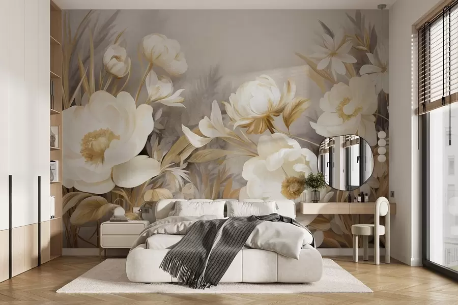 Fototapeta Białe i żółte piwonie oraz inne kwiaty z wysoką trawą i liśćmi w delikatnym, malarskim stylu w09494