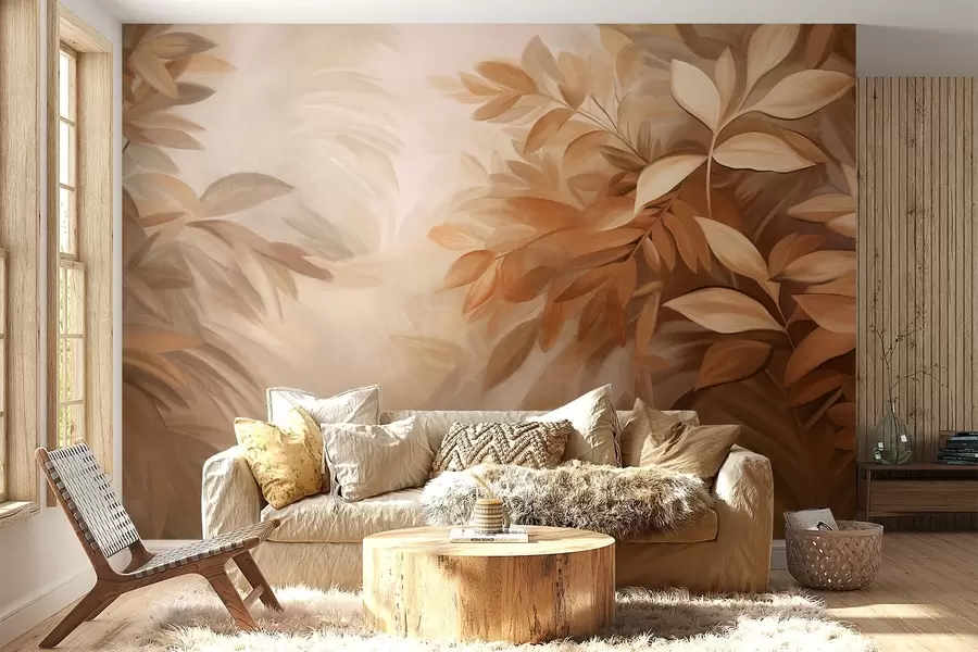 Fototapeta Brązowe i beżowe liście o miękkiej, rozmytej fakturze, w stylu malarskim z widocznymi pociągnięciami pędzla w09584