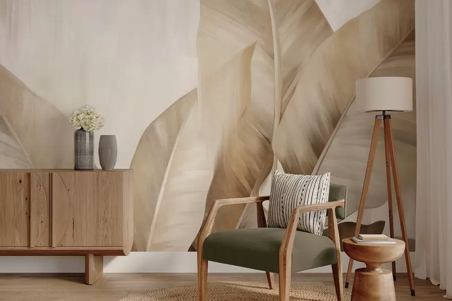 Fototapeta Teksturowane, duże, jasnobrązowe liście bananowca na jasnobeżowym tle, o delikatnej i minimalistycznej estetyce w09586