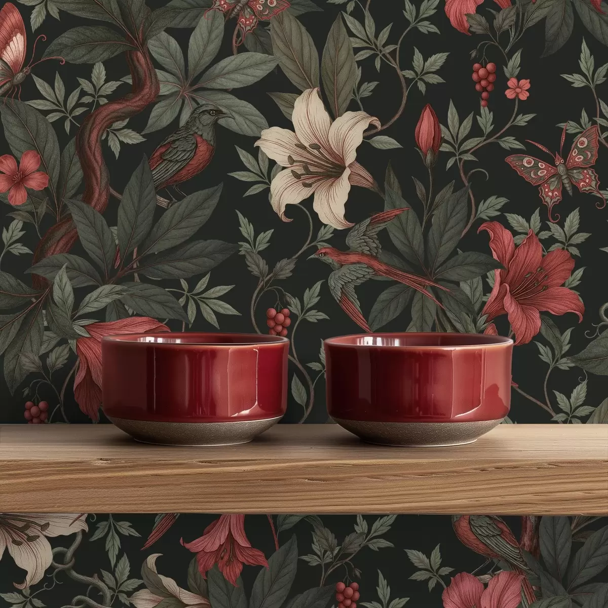 Tapeta Ciemne kwiaty z dżungli z ptakami i motylami a00895