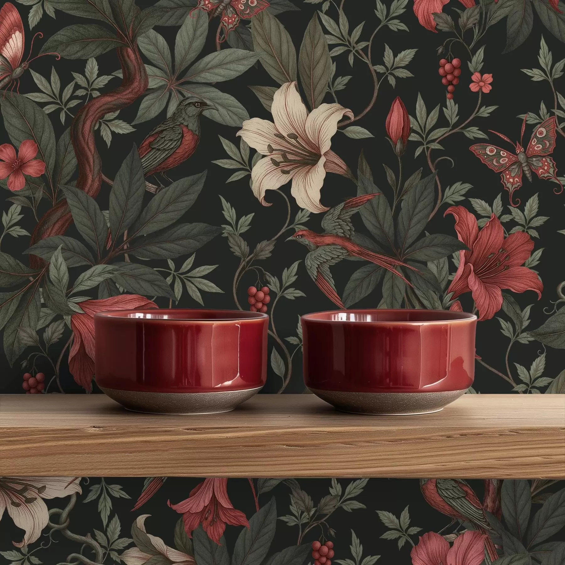 Fototapeta Ciemne kwiaty z dżungli z ptakami i motylami a00895