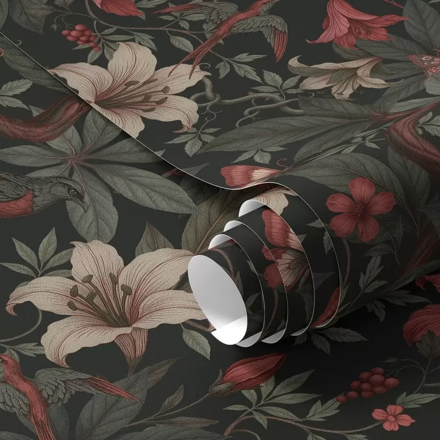 Fototapeta Ciemne kwiaty z dżungli z ptakami i motylami a00895