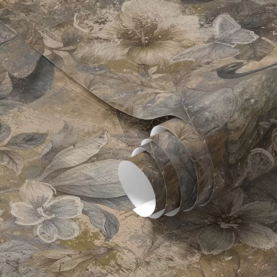 Fototapeta Postarzana kwiatowa kolaż z pawiami i motylami a00897